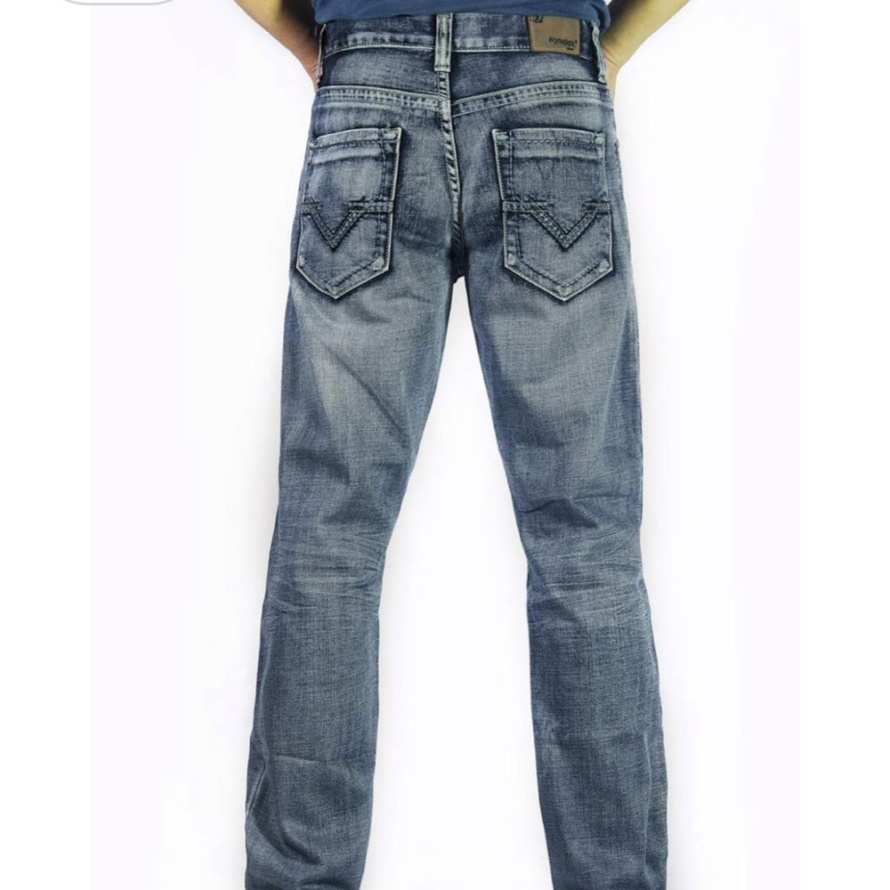 Flypaper-Men's Blue Jeans with Cross on Back Pocket.